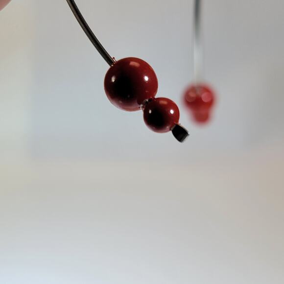 Vintage Red Bead Dangle Earrings – Floral Metal Back with Long Hook Design - Picture 8 of 10